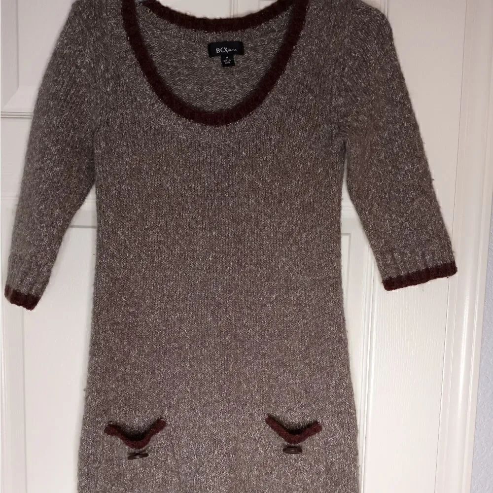 BCX Dress M Knitted 3/4 Sleeve Brown Pockets Cotton Wool Blend Women's